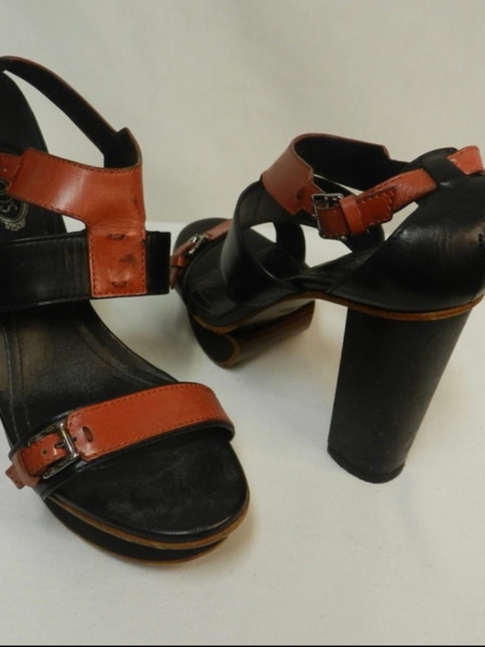 Tod's Black Leather Block Heel Sandals with Brown Straps